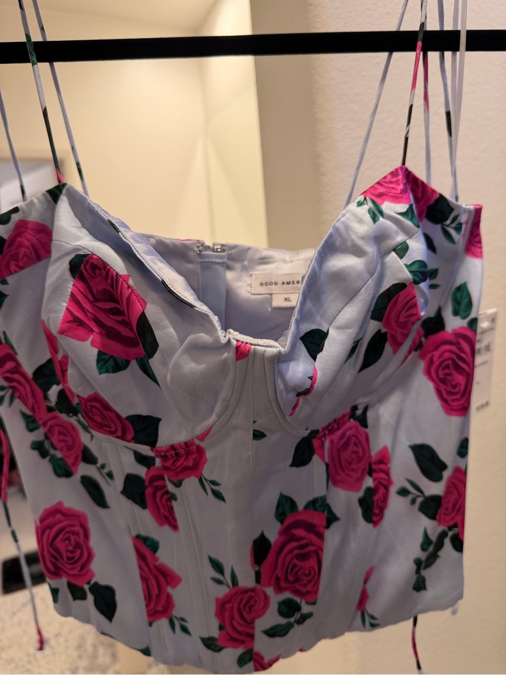 Good American Light Blue Bustier with Hot Pink Rose Print